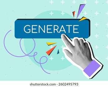 Black and white hand push the button with a text Generate. Using of a artificial intelligence. Modern collage style. Vector illustration