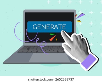 Black and white hand push the button with a text Generate on a laptop screen. Using of a artificial intelligence. Modern collage style. Vector illustration