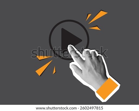Black and white hand push the Play button. Modern collage style. Vector illustration