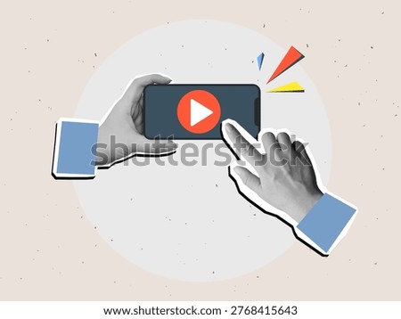 Black and white hand pushes the play button on a horizontal phone screen. Starting  watching video. Modern photo collage style. Vector illustration