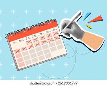 A black and white hand puts a checkmark in a calendar. Modern photo collage style. Vector illustration