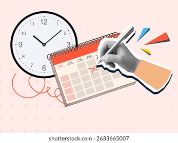 A black and white hand puts a checkmark in a calendar. Modern photo collage style. Vector illustration