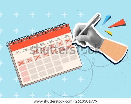 A black and white hand puts a checkmark in a calendar. Modern photo collage style. Vector illustration