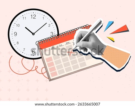 A black and white hand puts a checkmark in a calendar. Modern photo collage style. Vector illustration