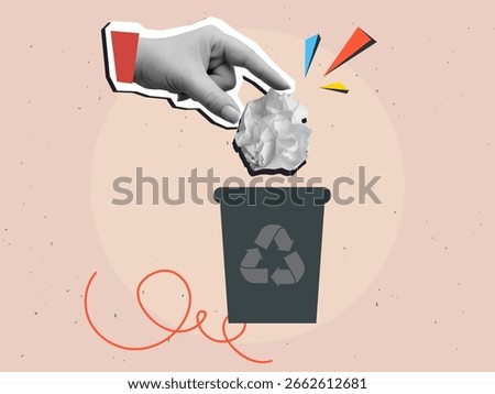 Black and white hand puts crumpled paper into trash can. Modern collage style. Vector illustration