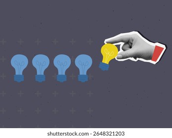 Black and white hand puts a glowing lightbulb in a row. Modern collage style. Vector illustration