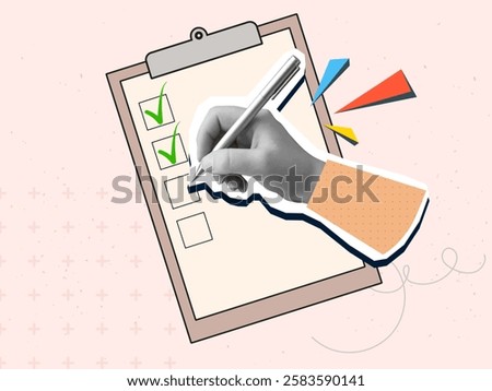 A black and white hand puts a green tick in a check box on a clip note. Modern photo collage style. Vector illustration