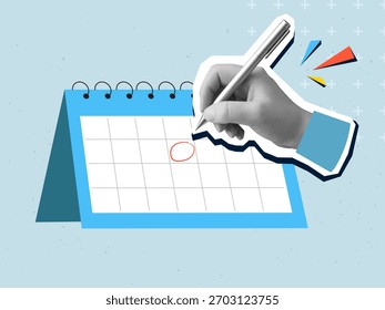 Eine schwarz-weiße Hand markiert einen Kalender auf Papier. Moderner Fotocollagenstil. Vektorgrafik
