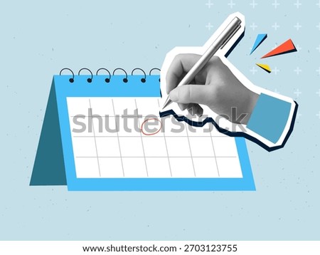 A black and white hand puts a mark in a paper calendar. Modern photo collage style. Vector illustration