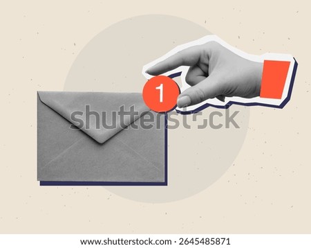 Black and white hand puts notification about unread message on an envelope. Modern collage style. Vector illustration