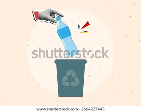 Black and white hand puts a plastic bottle into trash can. Modern photo collage style. Vector illustration