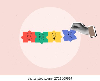 Black and white hand puts puzzle piece in a row with a basic emotions are joy, sadness, anger, fear or surprise.  Modern photo collage style. Vector illustration