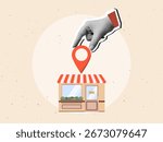 Black and white hand puts a red location pin on the local small cafe or shop building. Destination sign in an arm. Modern photo collage style. Vector illustration