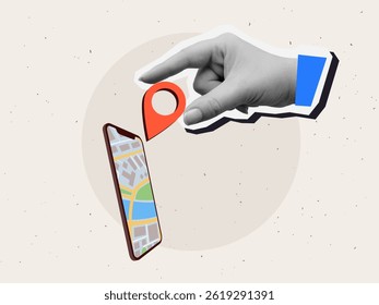 Black and white hand puts red location pin mark on phone screen with map. Modern collage style. Vector illustration