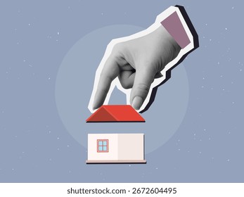 Mano en blanco y negro pone techo rojo en la casa. Concepto de construcción. Estilo de collage moderno. Ilustración vectorial