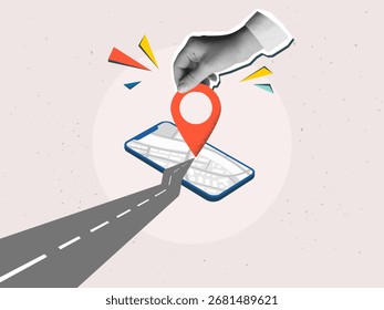Mão preta e branca coloca um pino de localização vermelho no final de uma estrada asfaltada em uma tela de telefone. Marca de destino em um smartphone. Estilo moderno de colagem de fotos. Ilustração vetorial