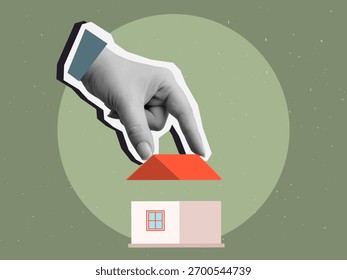 Black and white hand puts a red roof on a little house.  Modern collage style. Vector illustration