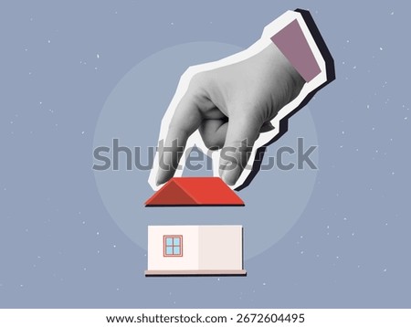 Black and white hand puts red roof on house. Construction concept. Modern collage style. Vector illustration
