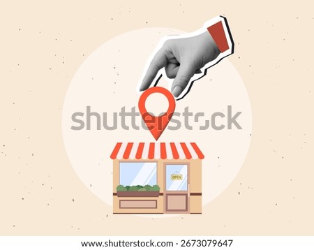Black and white hand puts a red location pin on the local small cafe or shop building. Destination sign in an arm. Modern photo collage style. Vector illustration