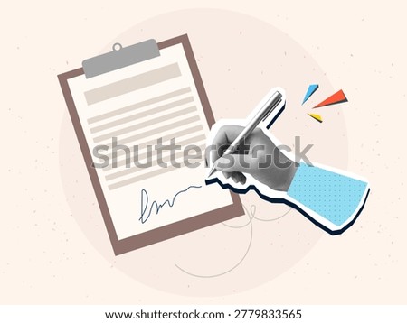A black and white hand puts a signature on a paper document attached to clipboard. Modern photo collage style. Vector illustration