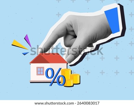 Black and white hand putting house near stack of gold coins and percent symbol. Modern collage style. Vector illustration