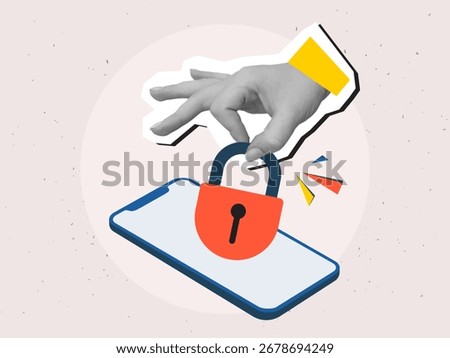 Black and white hand putting padlock on phone screen. Cyber ​​security and privacy concept. Modern photo collage style. Vector illustration