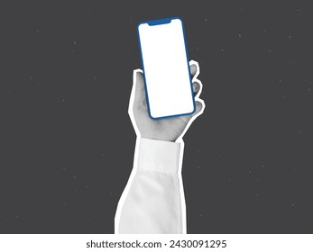 Black and white hand in a white shirt holding a phone with a empty screen - element for collage. Vector illustartion