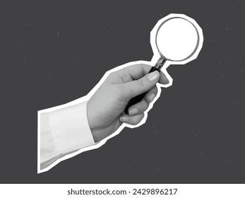 Black and white hand in a white shirt holds a magnifying glass - element for collage. Vector illustration