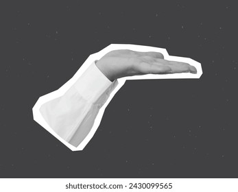 Black and white hand in a white shirt holds something - element for collage. Vector illustration