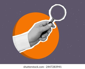 Black and white hand in a white shirt holds a magnifying glass. Vector illustration in a modern collage style