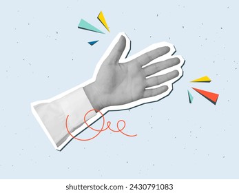 Black and white hand in a white shirt with an open palm. Vector illustration in a modern collage style