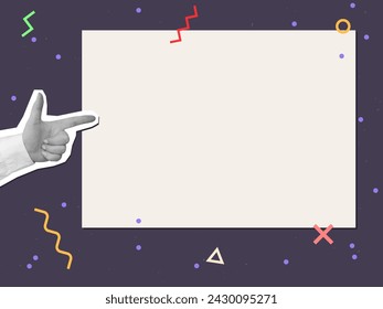 Black and white hand in a white shirt points with a finger to a empty paper sheet. Vector illustration in a modern collage style