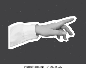 Black and white hand in a white shirt points with a finger - element for collage. Vector illustration