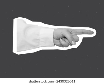 Mano en blanco y negro en una camisa blanca apunta con un dedo - elemento para collage. Ilustración de vector