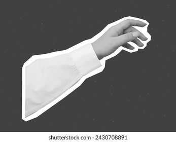 Black and white hand in a white shirt points or touch with a finger - element for collage. Vector illustration