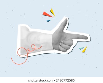 Black and white hand in a white shirt points with a finger.  Vector illustration in a modern collage style