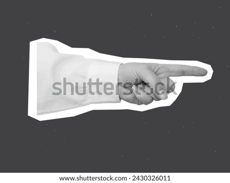 Black and white hand in a white shirt points with a finger - element for collage. Vector illustration