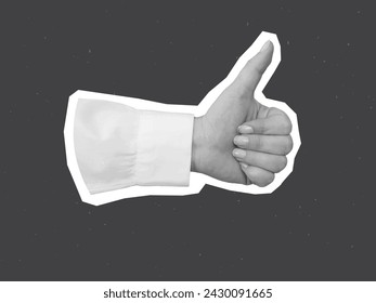 Mano en blanco y negro en una camisa blanca muestra un gesto de pulgar hacia arriba - elemento para collage. Ilustración de vector