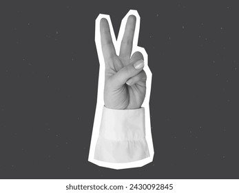 Mano en blanco y negro en una camisa blanca muestra el gesto V - elemento para collage. Ilustración de vector