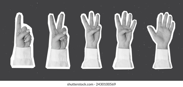 Mano en blanco y negro en una camisa blanca muestra gesto de los dedos. Contando de uno a cinco - elementos para collage. Ilustración de vector