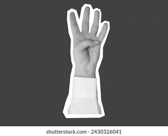 Black and white hand in a white shirt shows four fingers - element for collage. Vector illustration svg