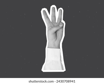 Black and white hand in a white shirt shows three fingers - element for collage. Vector illustration