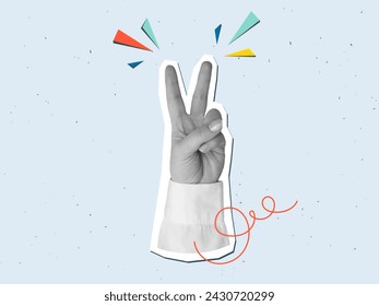 Black and white hand in a white shirt shows the V gesture. Vector illustration in a modern collage style