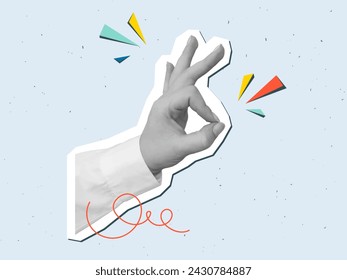 Black and white hand in a white shirt shows the Ok gesture. Vector illustration in a modern collage style