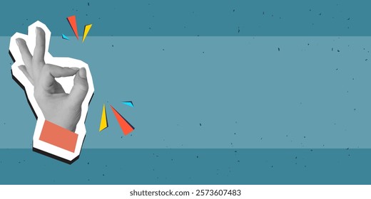Black and white hand in showing the Ok gesture. Modern collage style. Vector illustration