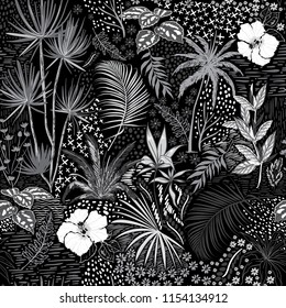 Black and white hand sketch seamless tropical dark summer forest pattern with colorful palm trees,leaves,exotic wild and plants vector in hand drawn style,for fashion ,fabric and all print 