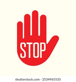 A black and white hand stop sign silhouette with text stop in middle of palm on white background