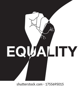 Black and white Hand symbol for black lives matter with wording " Equality  " in many shade of skin tone color protest in USA to stop violence to black people. Fight for human rights and no racism in 