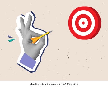 Black and white hand takes aim with a dart in a red round target. Modern photo collage style. Vector illustration