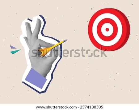 Black and white hand takes aim with a dart in a red round target. Modern photo collage style. Vector illustration